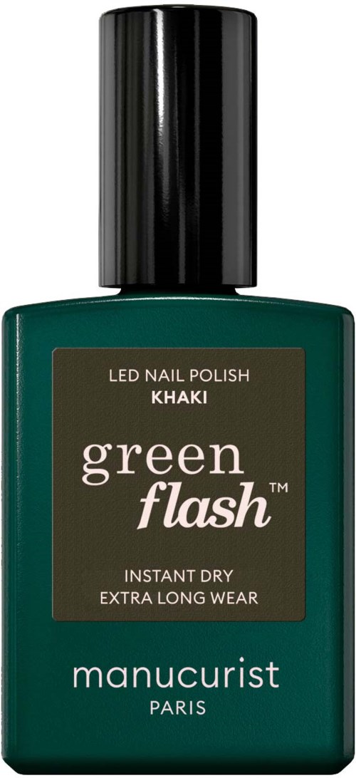 A bottle of green nail polish labeled "green flash" by Manucurist, with a black cap and a brown label.