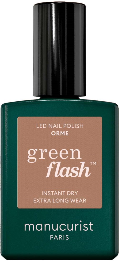 A green bottle of ORME Green Flash LED Nail Polish by Manucurist Paris with a black cap.