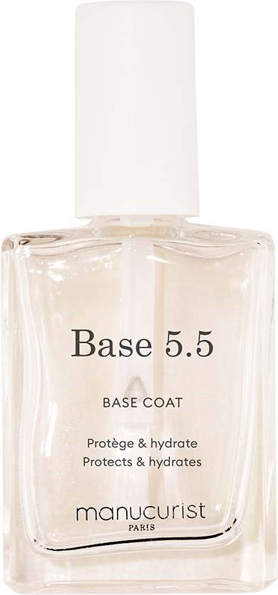 Eine klare Nagellackflasche mit der Aufschrift 'Base 5.5' von Manucurist, mit weißem Deckel, schützt und spendet Feuchtigkeit.
