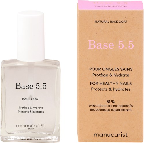 Eine klare Nagellackflasche neben einer rosa und braunen Verpackung, steht für 'Base 5.5' und 'Schützt & hydratisiert.'