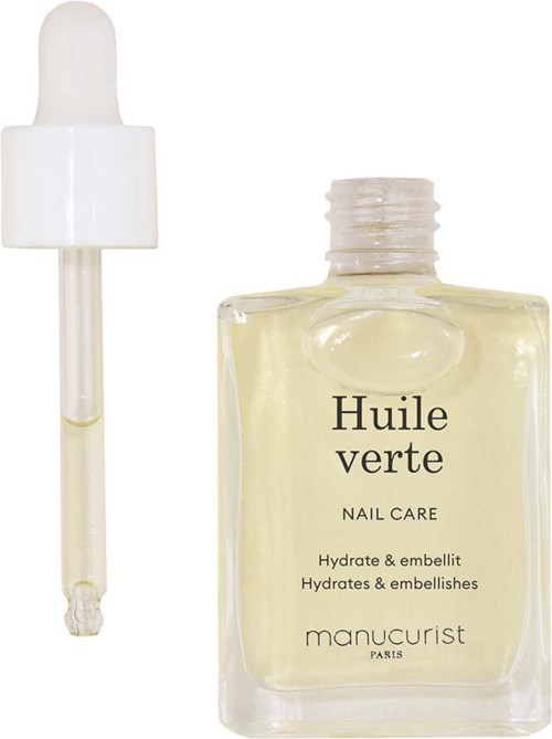 En nagelvårdsflaska med pipett, märkt 'Huile verte' och 'Hydrate & embellish'.