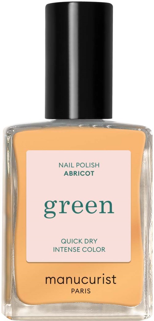 Jasnoróżowa butelka lakieru do paznokci z czarną nakrętką, oznaczona 'green' przez Manucurist, Paryż.