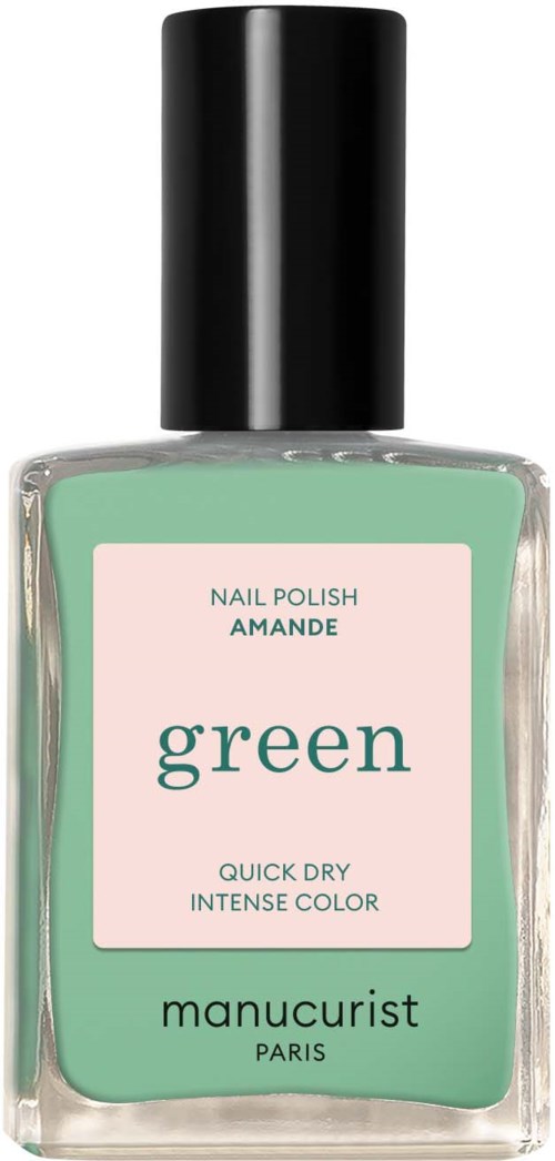 Groene nagellakfles met zwarte dop, gelabeld 'manucurist Paris, nagellak, amandel, snel drogend, intense kleur.'