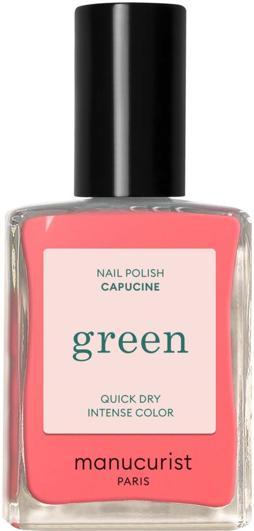 A nail polish bottle with pink color, black cap, labeled 'green' by Manucurist, Paris.