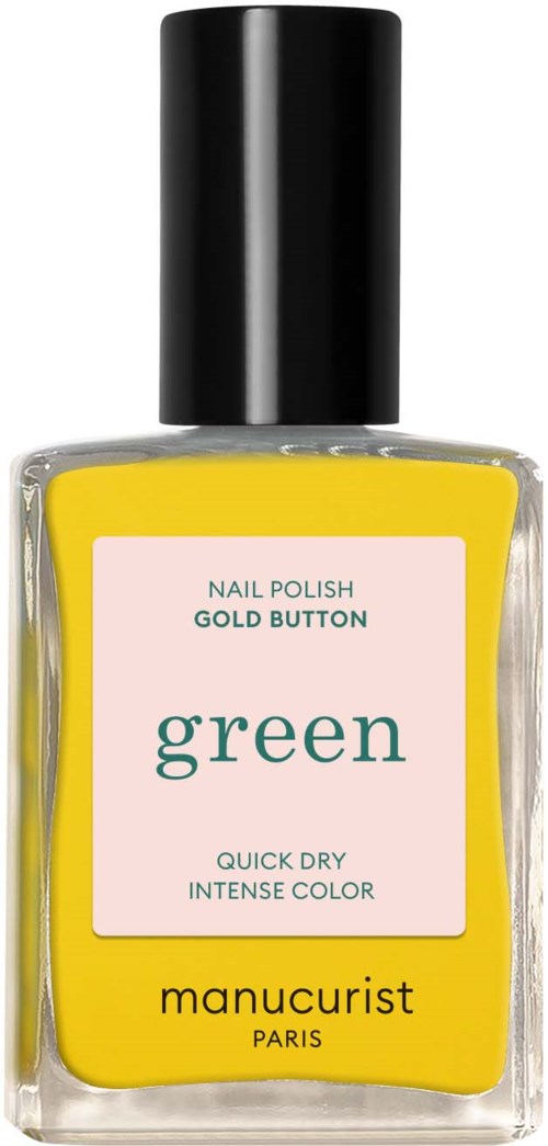Żółta butelka lakieru do paznokci z napisem "green" od Manucurist Paris, czarny kapsel, szybkie schnięcie, intensywny kolor.