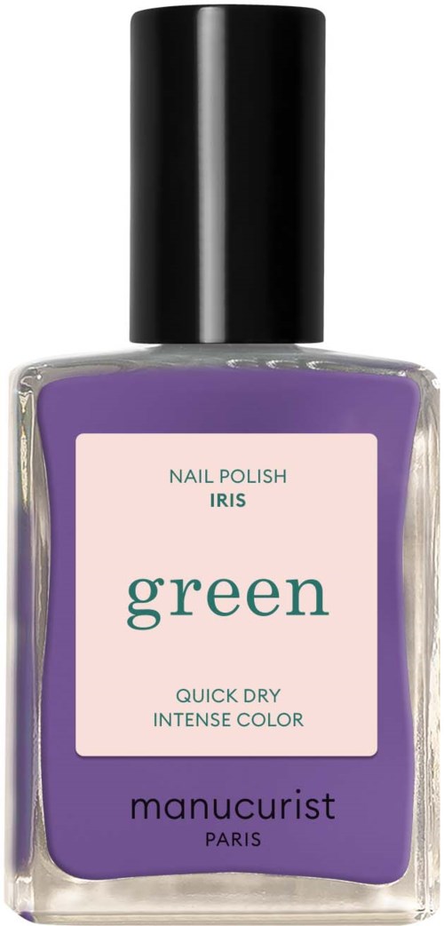 Fioletowa butelka lakieru do paznokci z czarnym zakrętką, oznaczona "green" przez Manucurist, Paryż.
