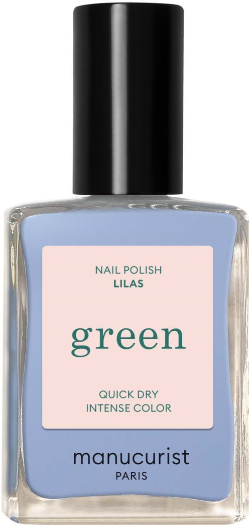Butelka jasno niebieskiego lakieru do paznokci z czarną zakrętką, oznaczona "green" przez 'manucurist Paris'.