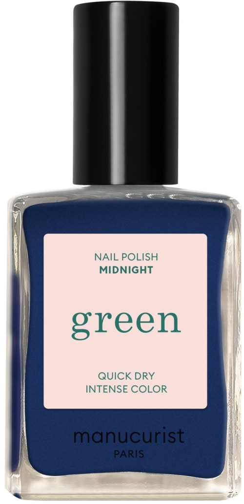 Pullo pimeänvihreää kynsilakkkaa, musta korkki, etiketissä lukee 'Midnight,' 'Quick Dry,' ja 'Intense Color.'