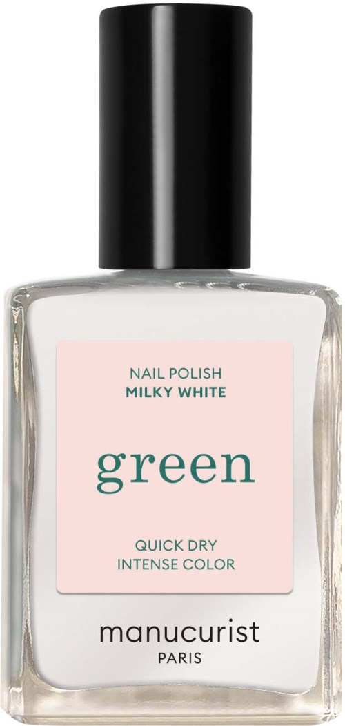 Butelka lakieru do paznokci Milky White z zielonym kolorem od Manucurist Paris, oznaczona jako szybkoschnąca i intensywny kolor.