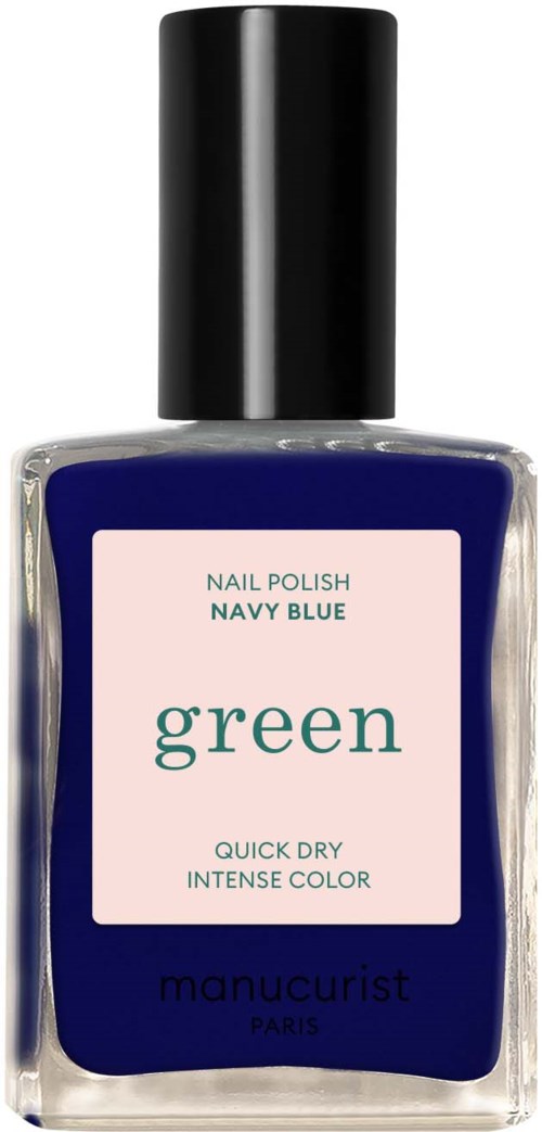Niebieski lakier do paznokci w przezroczystym butelce z czarnym zamknięciem, oznaczony 'navy blue' i 'green'.