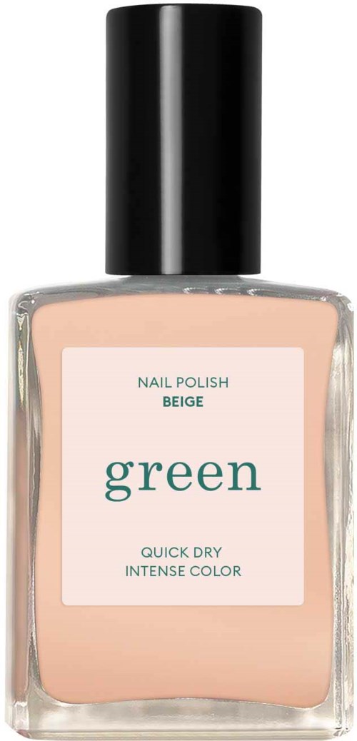 En nagellacksflaska märkt 'green beige' med svart lock, innehållande beigefärgad lack.