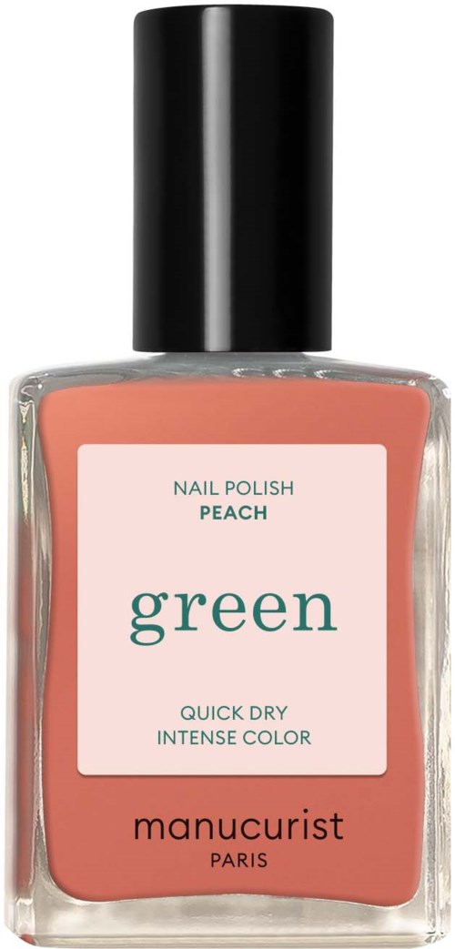 Pojemnik na lakier do paznokci oznaczony 'Peach' i 'Green' z czarnym korkiem, od Manucurist Paris, na szybki, intensywny kolor.
