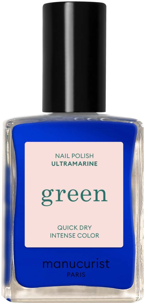 A nail polish bottle labeled 'Ultramarine Green,' in a blue color with a black cap.