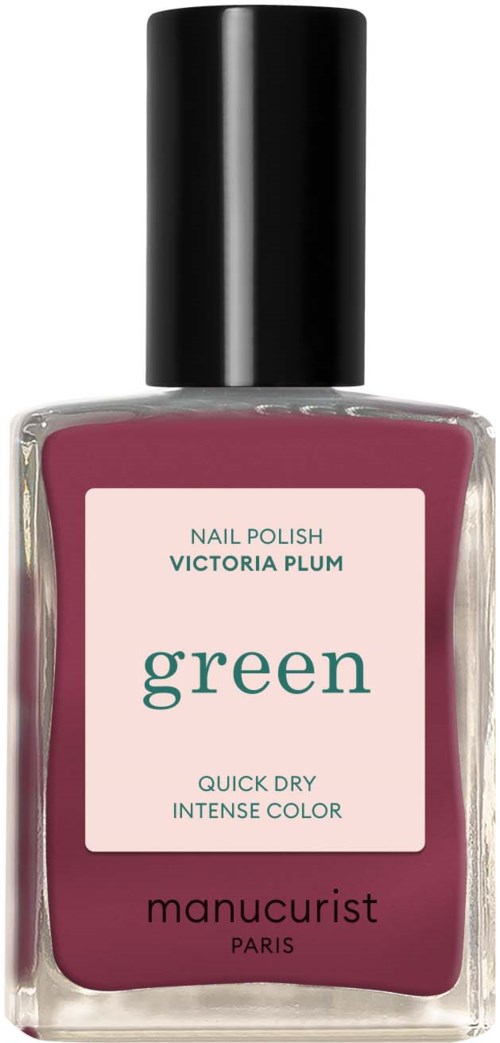 A nail polish bottle with black cap, pink label, and dark pink polish inside, labeled 'Victoria Plum' by Manucurist.