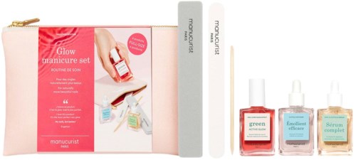 Skincare and serum products with applicators, and a pink beauty set bag for nails and beauty care.