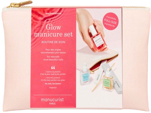 Pink and white manicure set pouch with bottles of nail polish and tools inside.