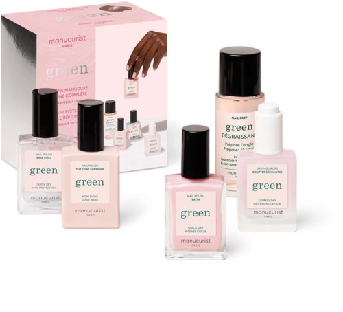 Kynsienhoitotuotteiden sarja sisältää kynsilakan, päällyslakan ja poiston, pakkauksessa vaaleanpunainen ja valkoinen.