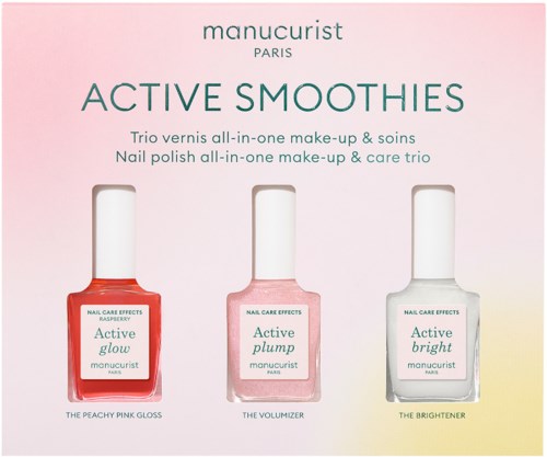Three nail polish bottles labeled Active glow, Active plump, and Active bright on pink packaging.