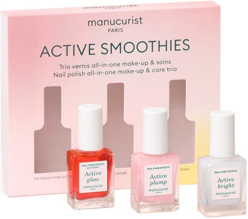 Three nail polish bottles in front of a pink box labeled 'Active Smoothies' and 'Manucurist Paris' logo.
