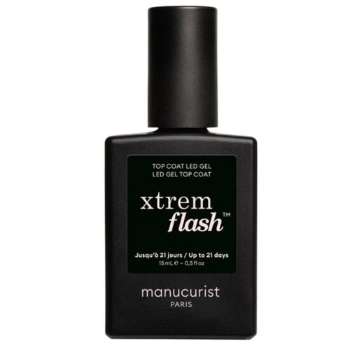 Eine schwarze Flasche Nagelgellack mit Etikett Xtrem Flash, hergestellt von Manucurist, Paris, für langlebigen Top Coat.