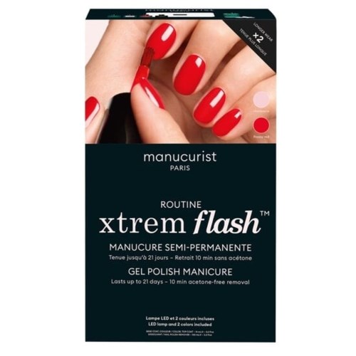 Eine Box mit Gel-Nagellack-Set und Hand mit roten Nägeln, Text über langanhaltende semi-permanente Maniküre.