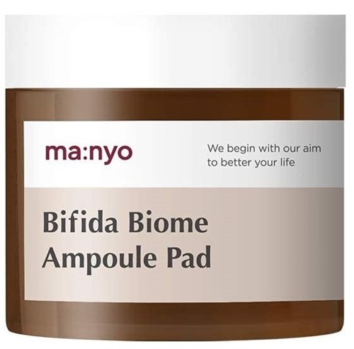 The product is a Bifida Biome Ampoule Pad from the brand manyo, in a brown and white container.