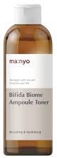 En brun flaske med en hvit etikett som sier 'ma:nyo Bifida Biome Ampoule Toner' for hudpleie.