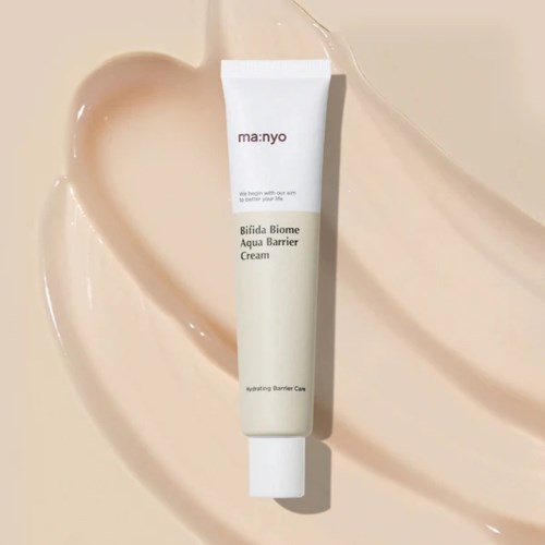 A white tube of skincare cream labeled 'manyo Bifida Biome Aqua Barrier Cream' with beige cream swirled around it.