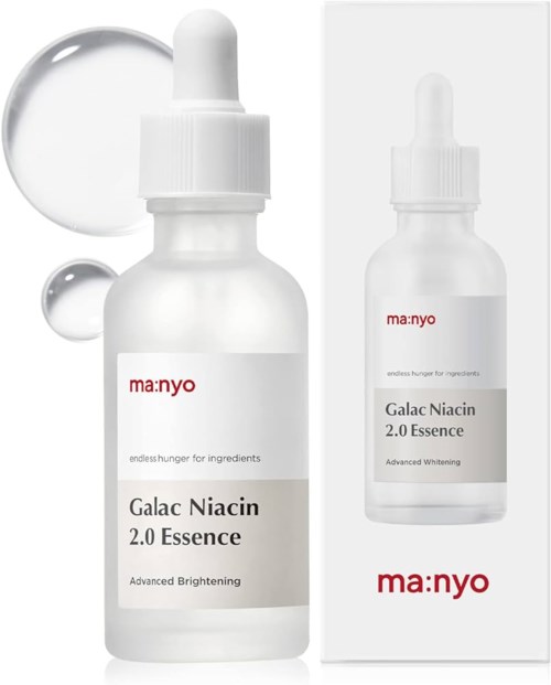 A facial serum bottle with a transparent dropper and label, next to its box packaging. The product is called Galac Niacin 2.0 Essence.