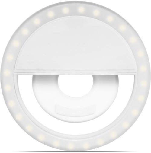 En rund vit sminkspegel med starka LED-lampor runt kanten.