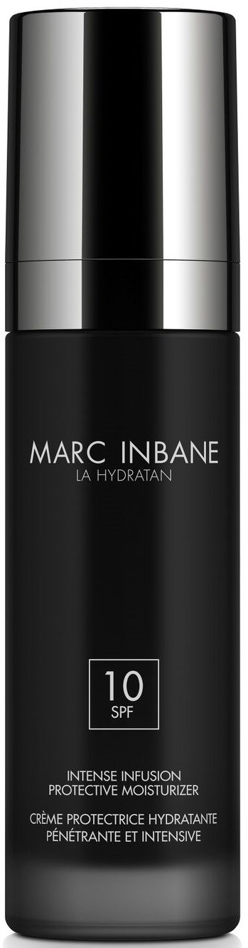 En svart och silver hudvårdsflaska från Marc Inbane med SPF 10, märkt som en intensiv skyddande fuktighetskräm.