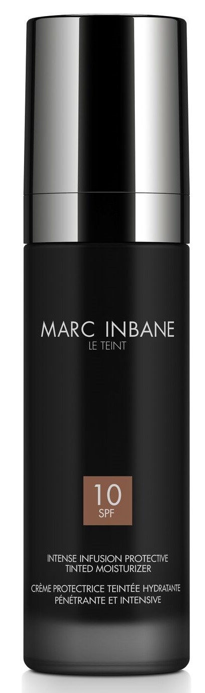 En svart och silver flaska från Marc Inbane med färgat ansiktskräm och SPF 10.