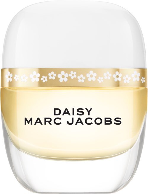 En burk av Daisy Marc Jacobs parfym med vit lock och en gul etikett med blommor.