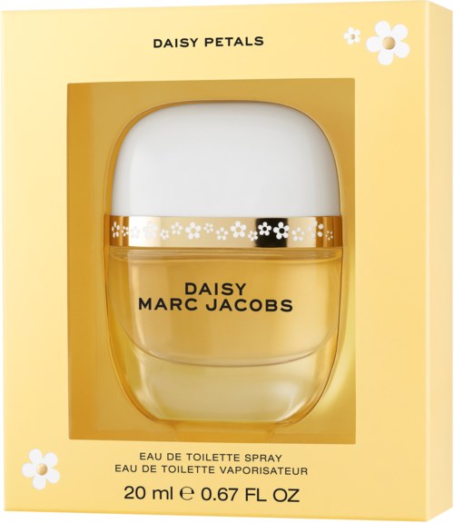 Gult box med parfymflaska, Daisy Petals doft, Marc Jacobs-märke, 20 ml, blommig design.