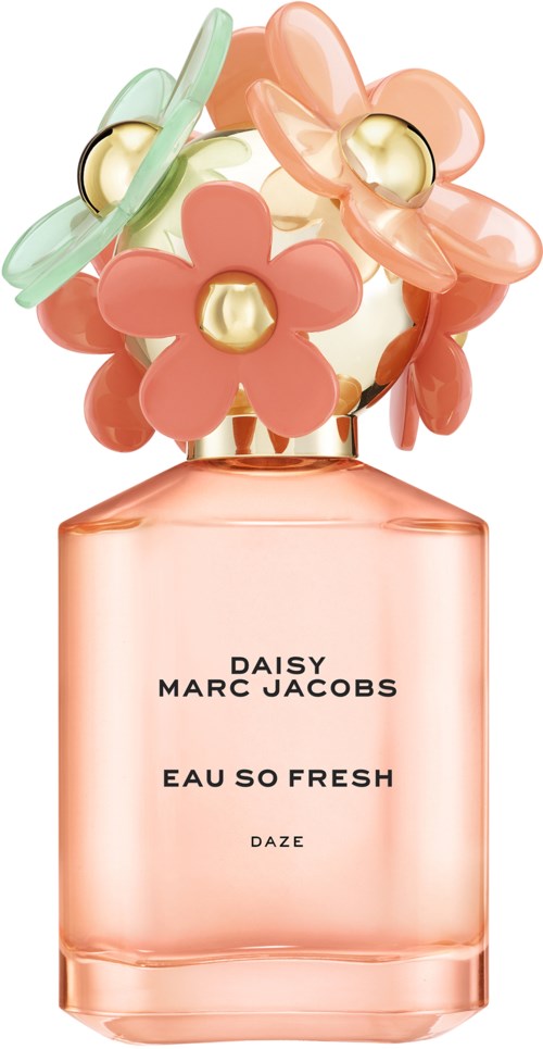 En rosa parfymflaska med blomarrangemang på toppen, märkt Daisy Eau So Fresh av Marc Jacobs.