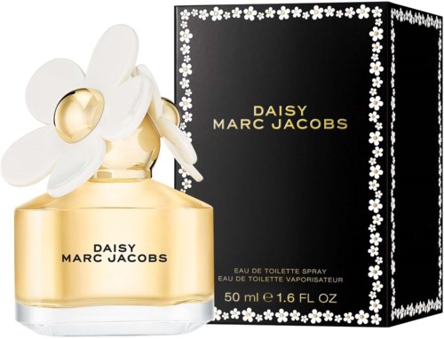 En parfyllflaska formad som en blomma med en svart box dekorerad med vita blommor, märkt Daisy Marc Jacobs.
