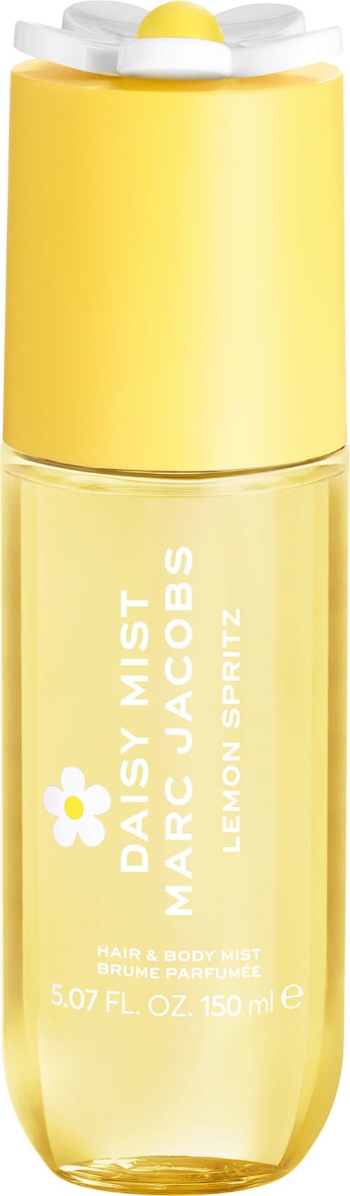 Gele spuitfles met witte dop, gelabeld Daisy Mist door Marc Jacobs Lemon Surfin, voor haar- en lichaamsverzorging.