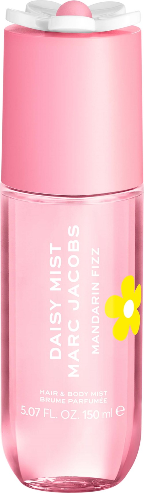 Roze sprayflesje van Daisy Mist geur met gele bloem en witte dop.