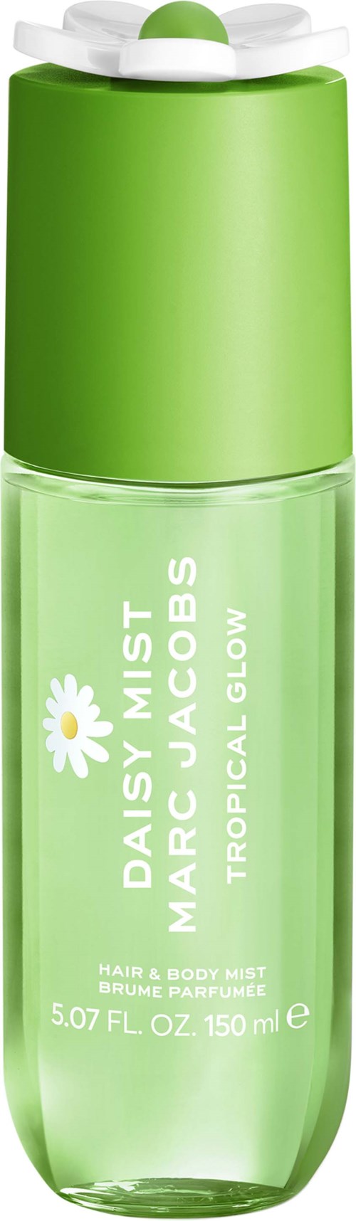 Groene plastic sprayfles voor Daisy & Mist Tropical Glow haar- en body mist met wit madeliefje logo, 150 ml.