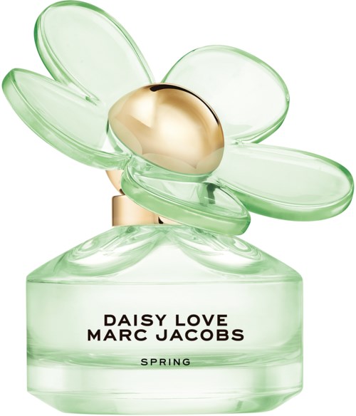 En parfyllflaska formad som en blomma med gröna blad och ett guldcenter. Etiketten säger Daisy Love Marc Jacobs Spring.