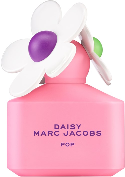 A pink perfume bottle with a white, purple, and green flower on top and text 'Daisy Marc Jacobs Pop'.