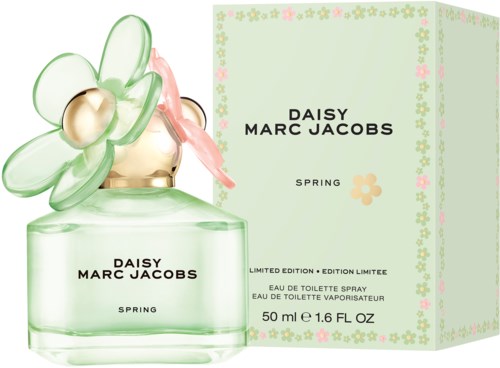 Hajuvesipullo, jossa on kukkasuunnittelu ja vastaava laatikko, molemmat merkityt Daisy Marc Jacobs Spring.