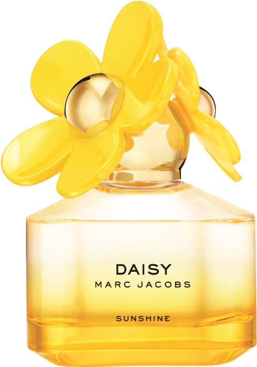 En parfymflaska kallad Daisy av Marc Jacobs med en gul blomma som lock och en gulaktig vätska inuti.