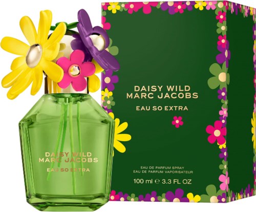 Colorful flowers around a green perfume bottle and a matching box with floral design and brand name.