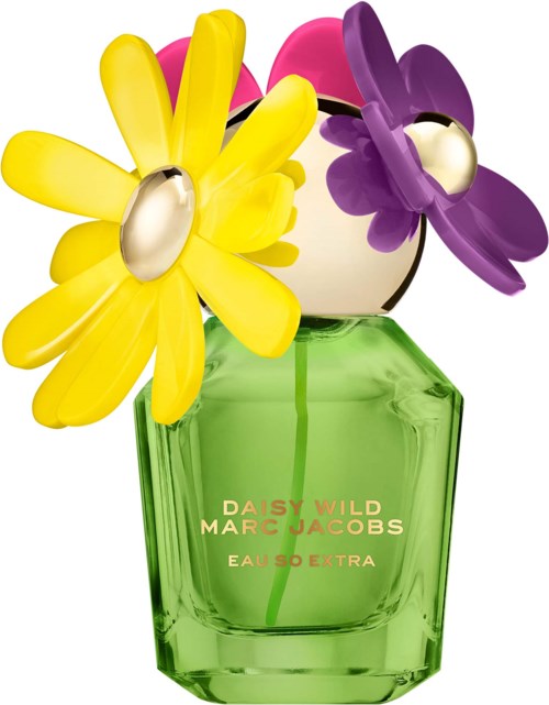 Eine grüne Parfüfflasche mit farbenfrohen blumenförmigen Kappen auf der Oberseite, beschriftet Daisy Wild von Marc Jacobs.
