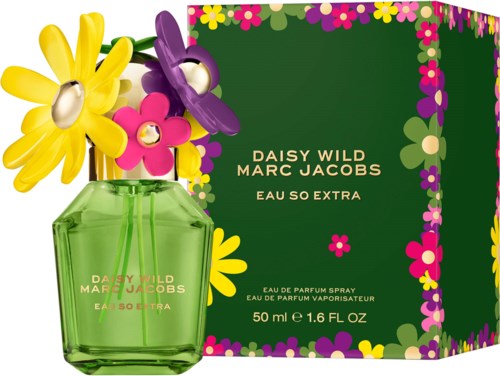 A bright green perfume bottle with colorful flower-shaped caps next to a matching floral box.