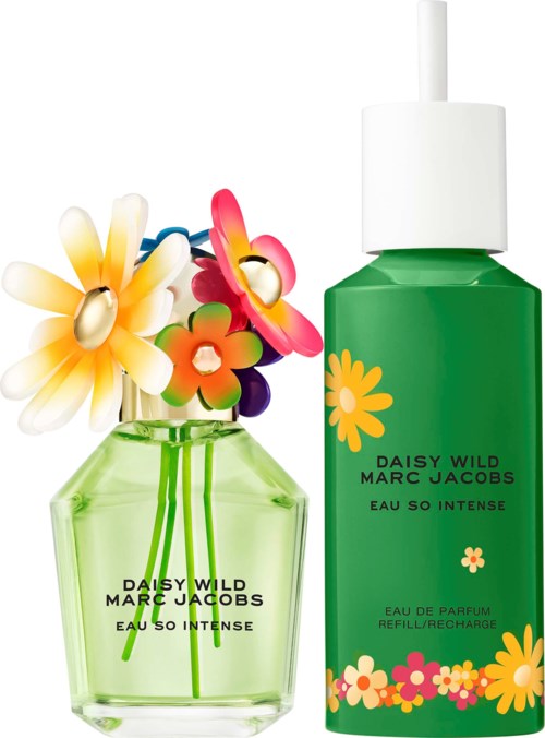 A green perfume bottle with colorful flowers, labeled 'Daisy Wild' by Marc Jacobs, and a white cap.
