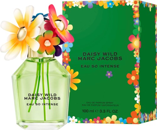 Bright floral perfume bottle and colorful floral box suggest a lively, fresh scent from Daisy Wild Marc Jacobs.