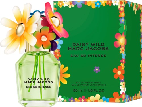 A green perfume bottle with colorful flowers and a matching floral box label for Daisy Wild Marc Jacobs Eau So Intense.