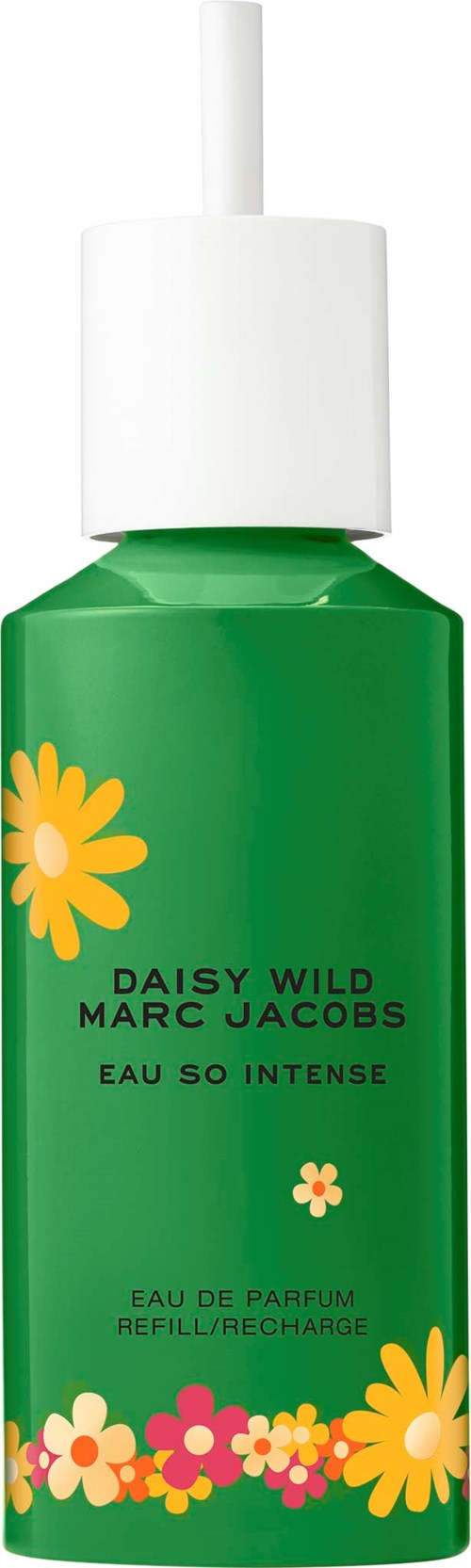 A green perfume bottle with yellow and pink flowers and white text, with a white spray cap on top.